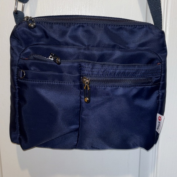 ETIDY BRAND NAVY BLUE NYLON CROSSBODY ADJUSTABLE STRAP ORANGE NYLON INTERIOR - Picture 3 of 7